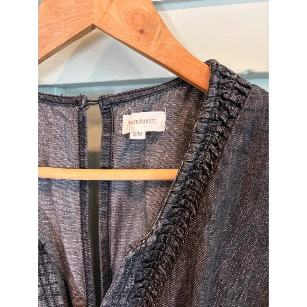 World Market Denim Jumpsuit Wide Leg Flowy Dark Wash V-Neck Boho Blue SM